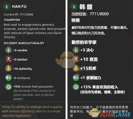 《全面战争:三国》木属性武将韩馥先天属性一览