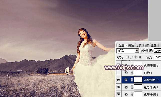 Photoshop将荒原婚片打造出古典紫褐色效果