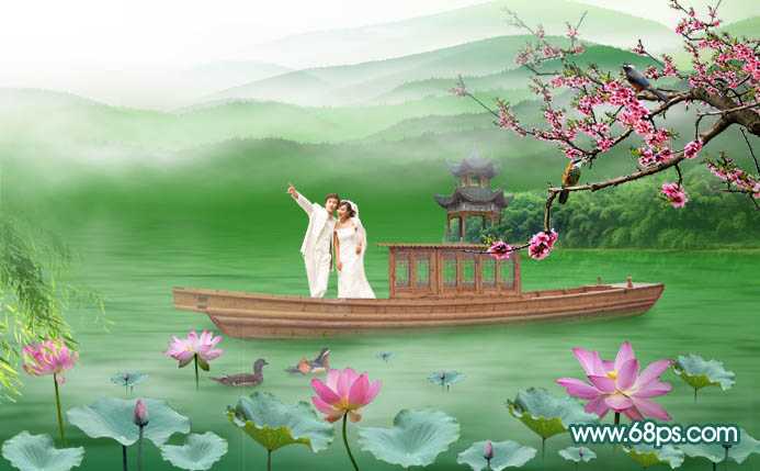 Photoshop合成打造出唯美的春季游湖婚片