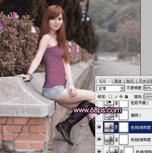 Photoshop为景区美女更换衣服颜色增加昏暗的高对比晨曦色