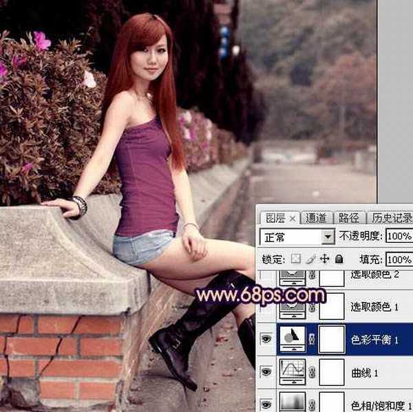 Photoshop为景区美女更换衣服颜色增加昏暗的高对比晨曦色